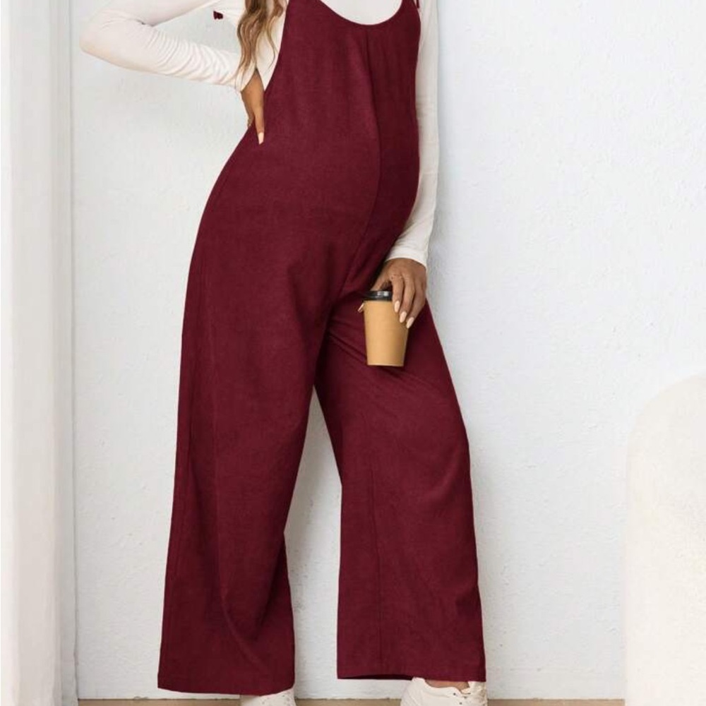 Maternity Wine Red Wide-Leg Jumpsuit